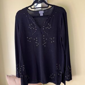 Sz large black with tiny gold threaded flowers top